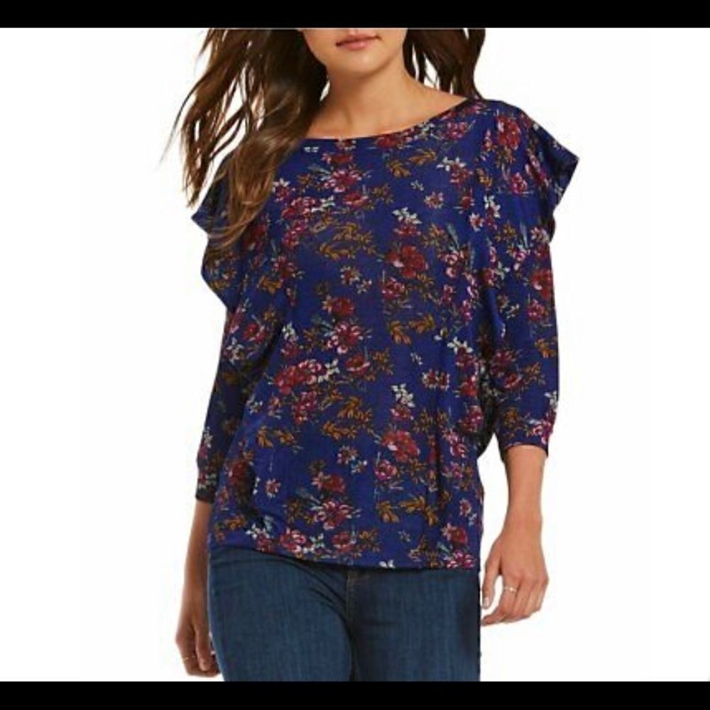 Free People Womens Size XS Blue Floral Print Dock Street Ruffled Shoulder Top